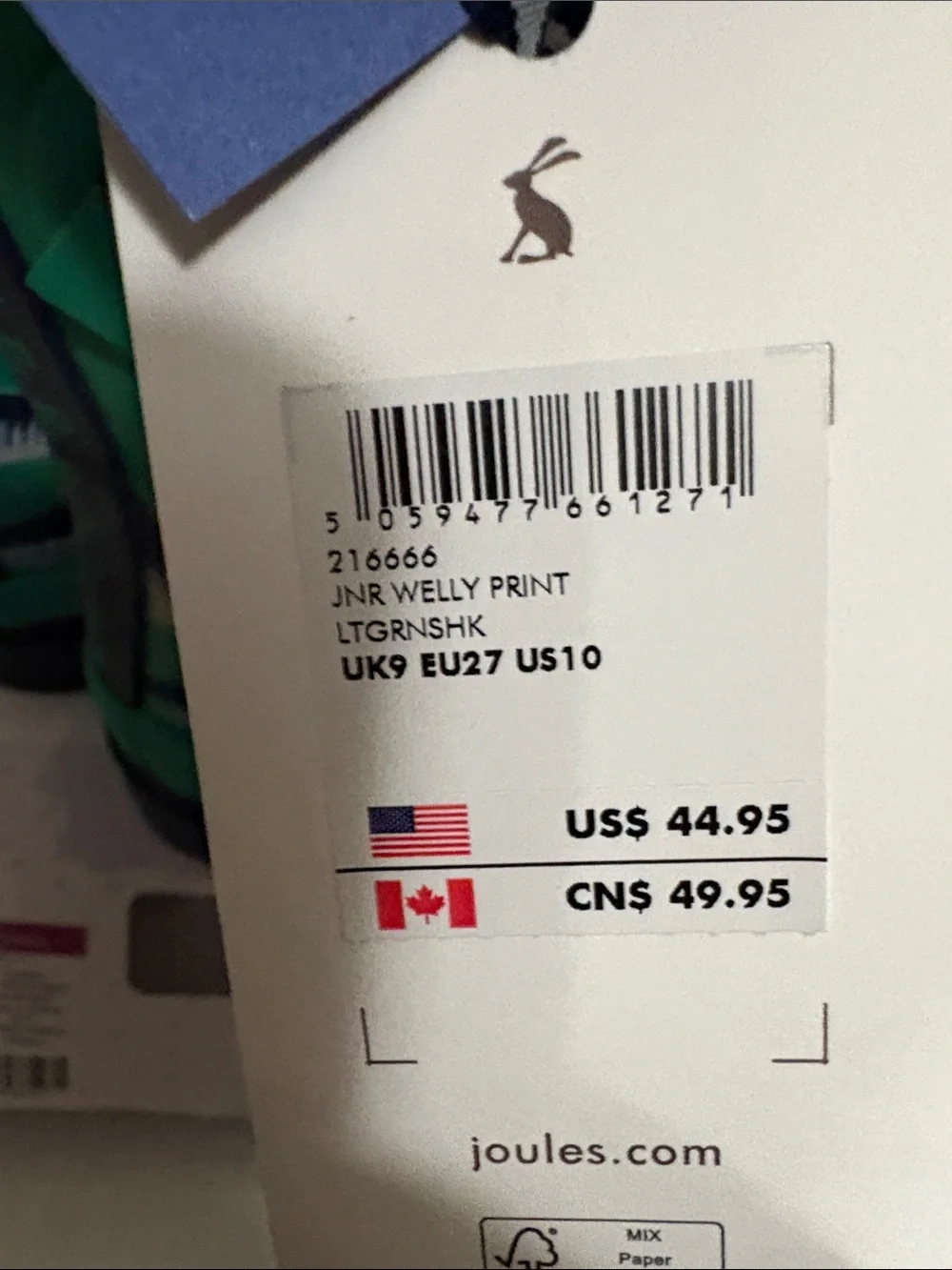 Joules Kids Rain Boots size US 10 NWT